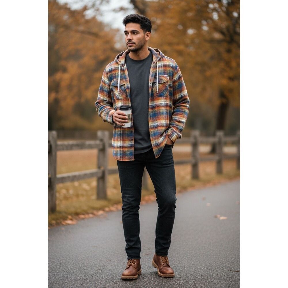 KAVU Plaid Hooded Shirt Jacket Outdoor Wear Button Front Multicolor Men’s M